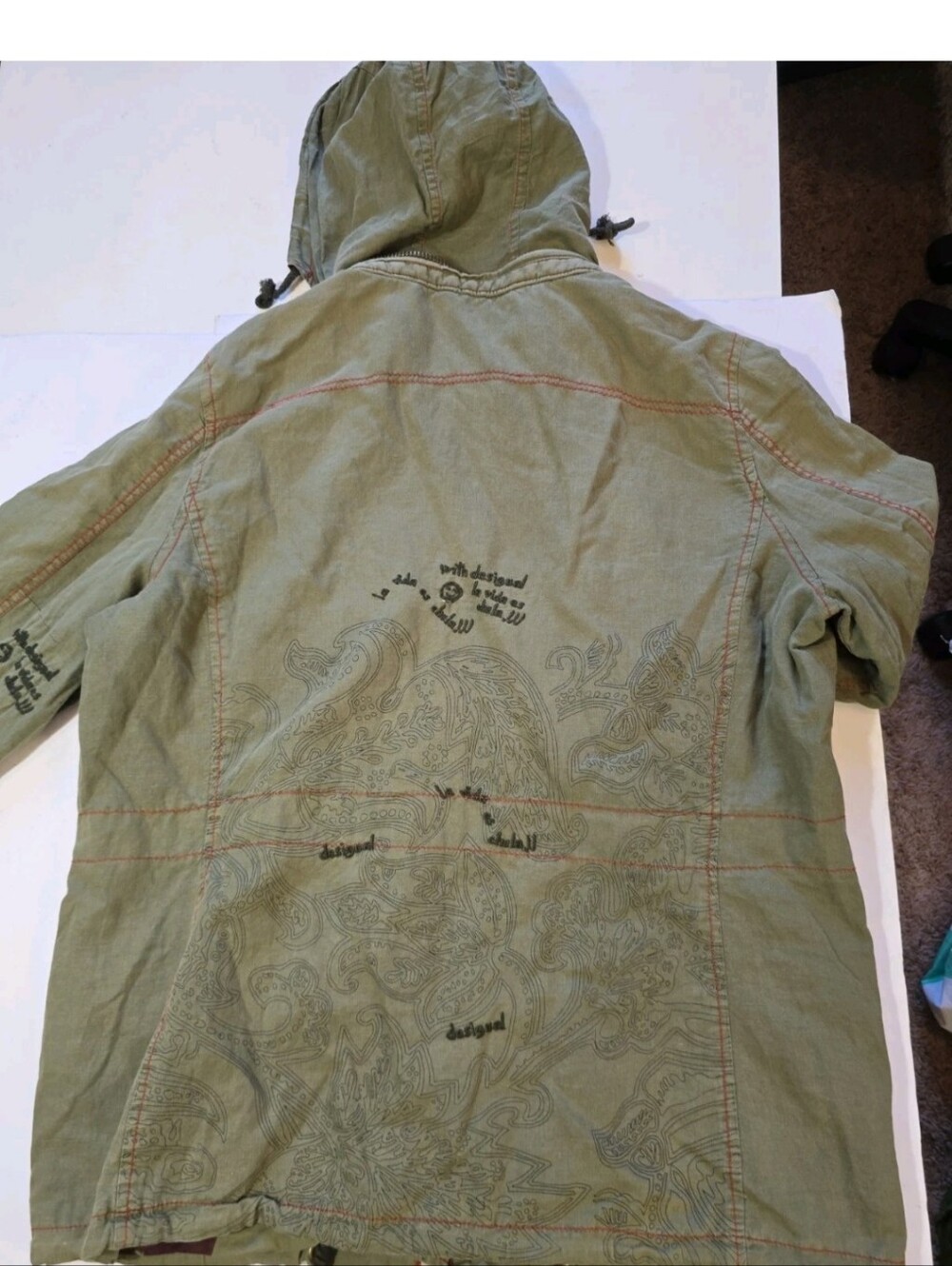Desigual Womens Army Green Hooded Jacket with Floral Embroidered Patches Size 46 - Picture 13 of 13